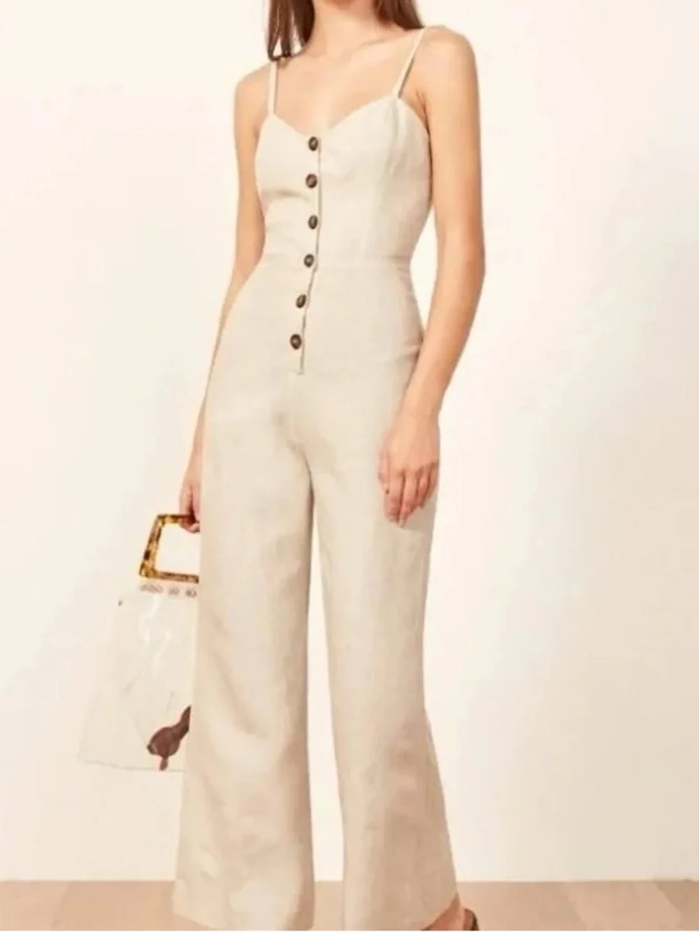 Reformation Torta Linen Jumpsuit in Sand Beige